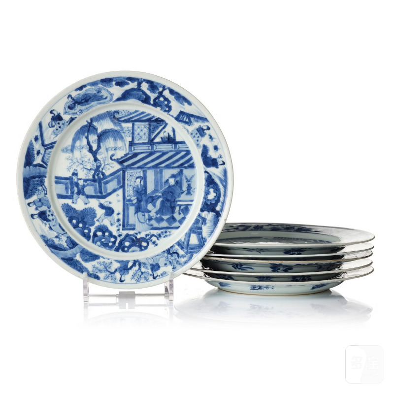 A set of six blue and white dishes,